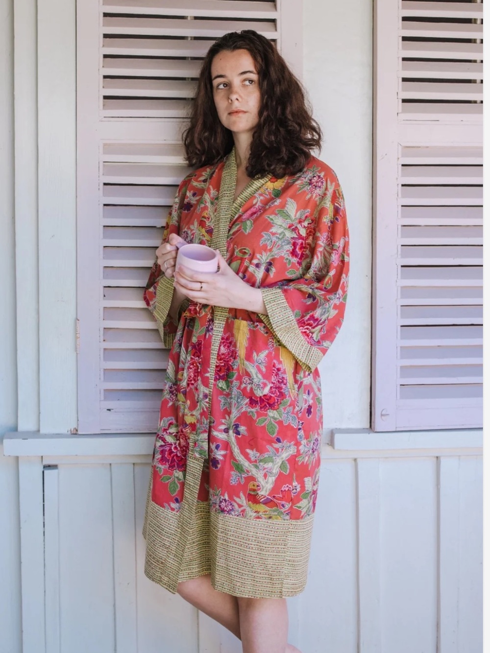 Handprint Organdy Lightweight Cotton Robe - artisanal loungewear - floral birds